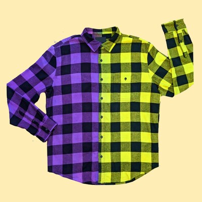 Purple and Neon Yellow Flannel - Women's Tie Dye Color Split Buffalo Plaid Shirt - image4